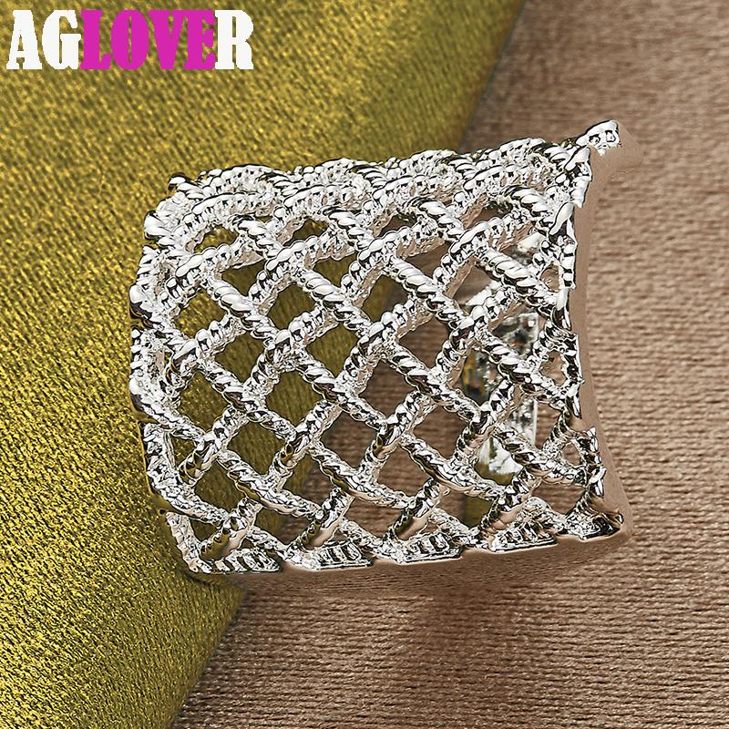 925 Sterling Silver Mesh Square Ring Charm Jewelry