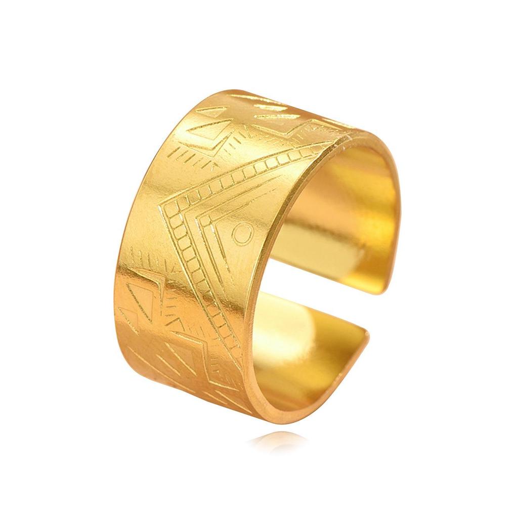 European Wide Band Retro Totem Pattern Adjustable Stainless Steel Ring for Men and Women Titanium Steel Jewelry