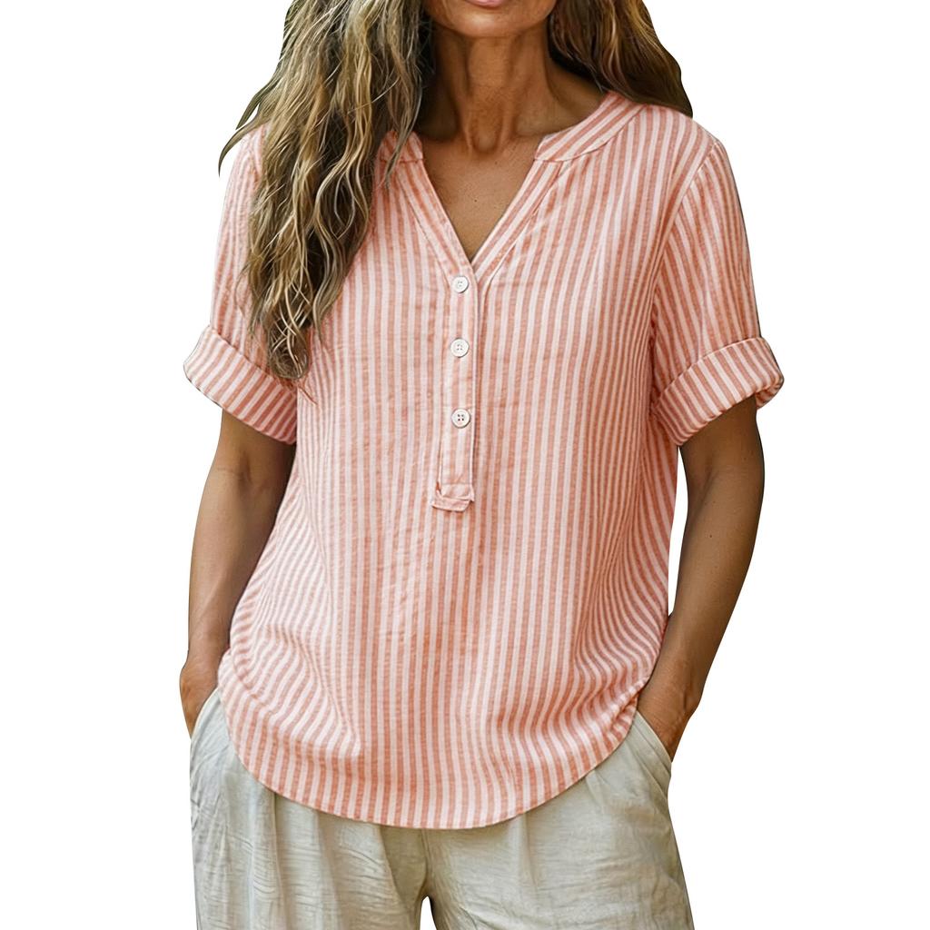 Chemise rayée élégante à boutons en coton et lin pour femme, idéale pour l'été.