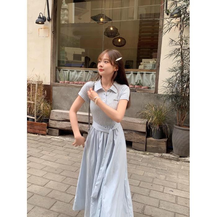 

Temperament college style strap waist thin dress women s summer new polo collar short-sleeved long skirt S