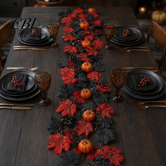 Rattan Branch Decor Artificial Maple Leaf Garland, Autumn Faux Vine, Black & Red Fall And Garland Leaves Hanging Vine for Fireplace Front Door