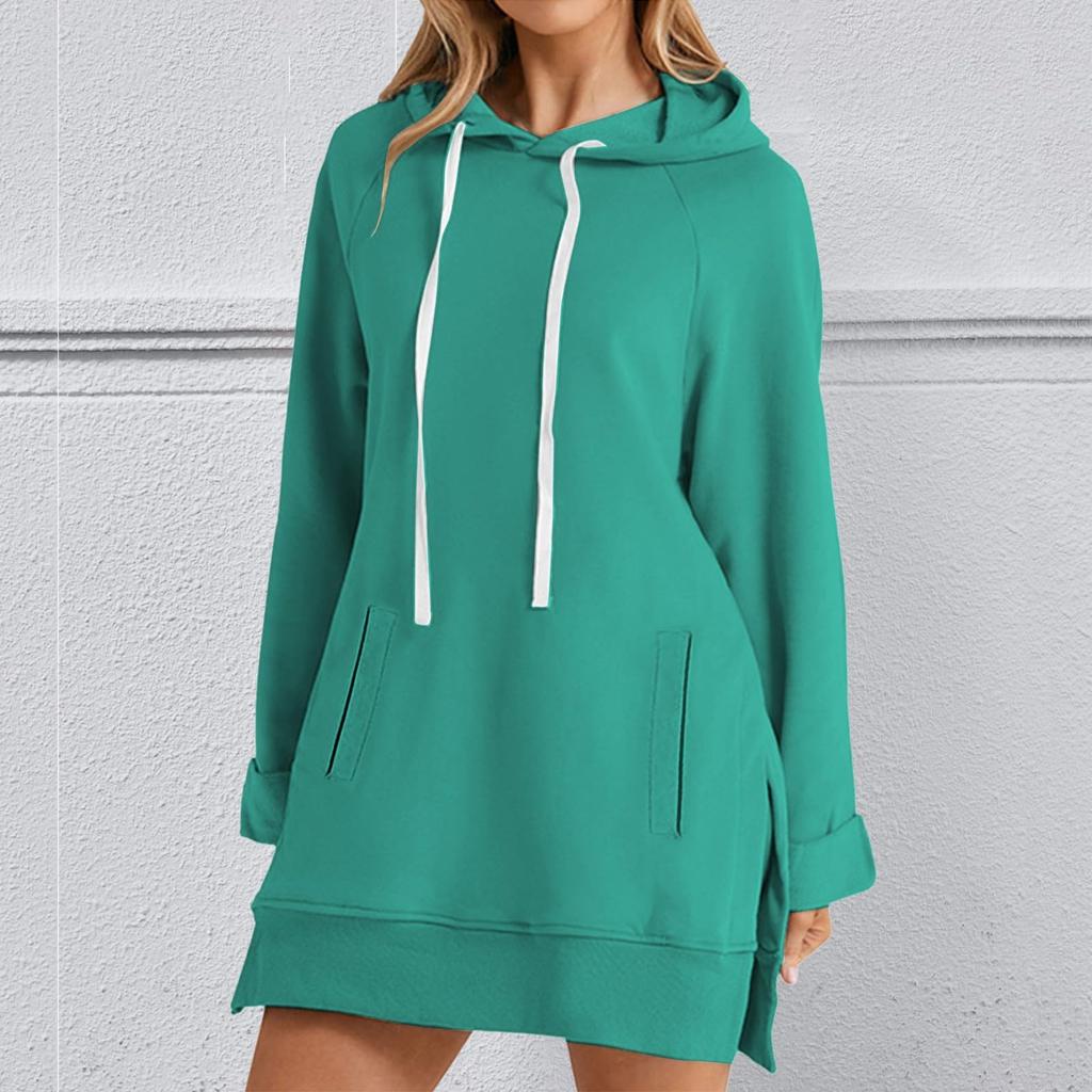 Women's Fashion Hooded Pocket Split-Hem Fleece-Lined Long-Sleeve Pullover Sweatshirt