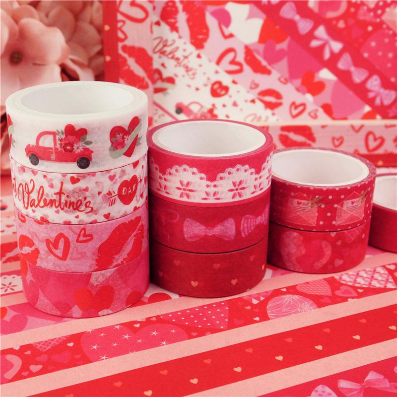 10pcs Valentine's Day Paper Washi Tape Set 15mm Sweet Love Letter Adhesive Masking Tapes Diary Decoration Stickers