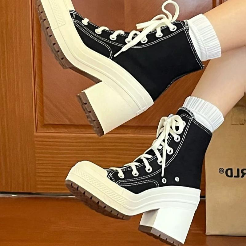 Fashion 2025 Women's Mid-tube Mid-heel Canvas Fashion Boots Spring and Autumn New Rubber Sole Lace-up Square Heel Anti-slip