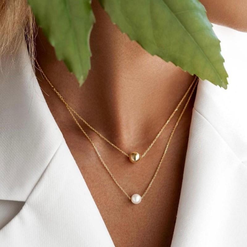 Adjustable 18K Gold Plated Sterling Layered Pearl Bead Pendant Necklace Women O-Link Chain Daily Fashion Jewelry