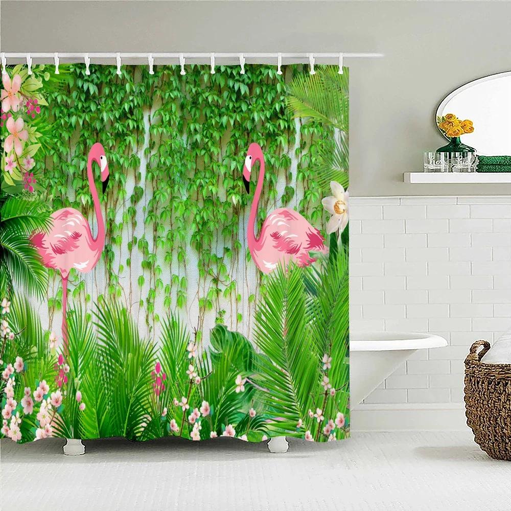 Flamingo Shower Curtains Green Leaf Bathroom Waterproof Polyester Fabric Printing Shower Curtain Decoration Bath Screen