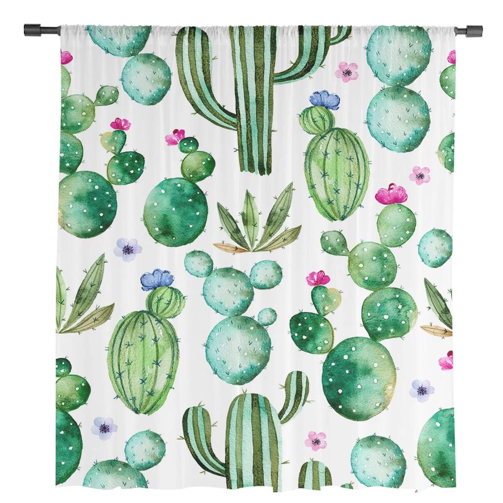 Cactus Watercolor Flowers Green Luxury Tulle Curtains Modern Living Room Kitchen Chiffon Curtain Bedroom Sheer Valance Curtain
