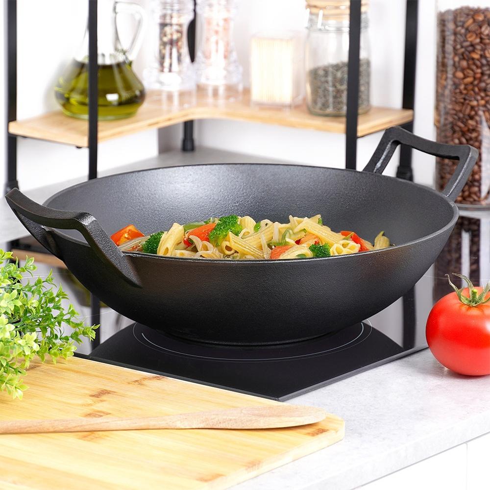 Wok de Ferro Fundido Frigideira Profunda para Fritar e Cozinhar Lentamente Pratos Asiáticos 36 cm