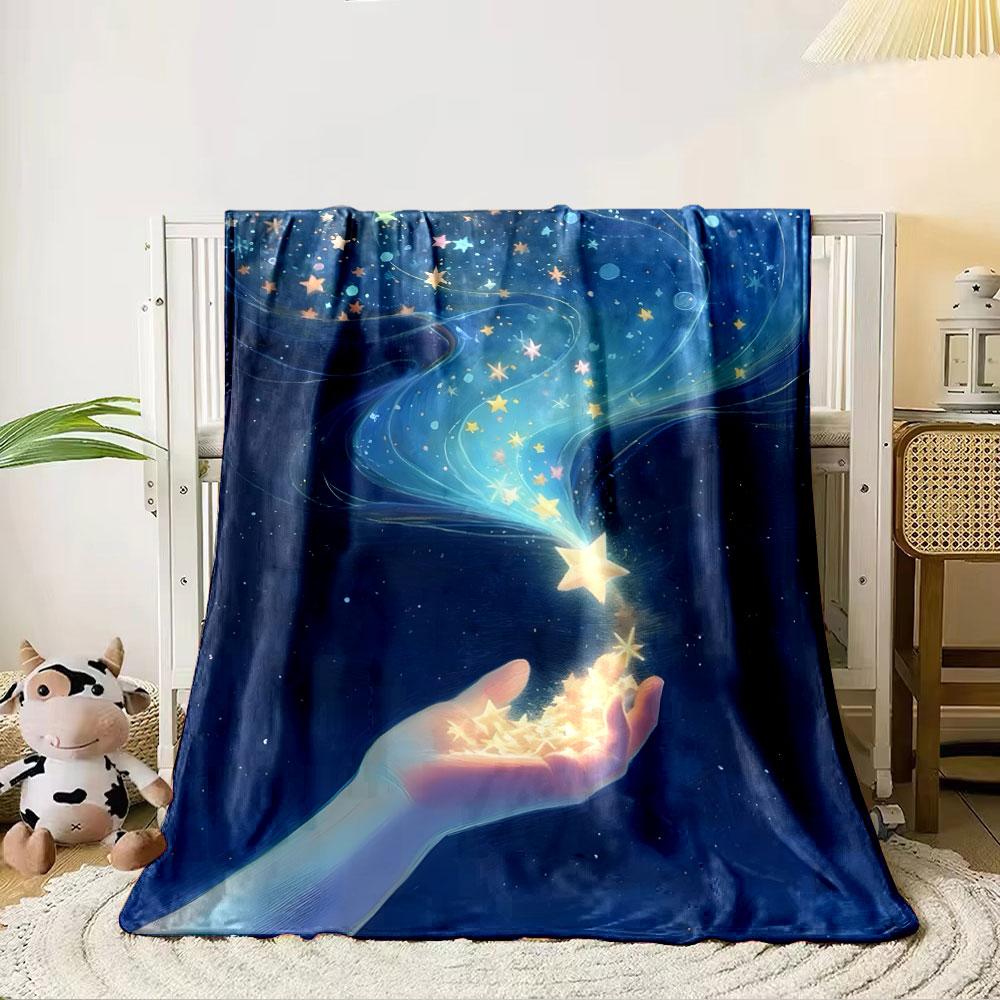 A glowing hand releases radiant stars into a swirling, cosmic night sky. for all seasons blanket lunch break throw gift 80cm x 120cm