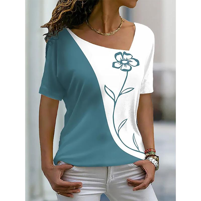 Flower Floral 3D T-shirt Summer Women Irregular V-neck T Shirts Streetwear Harajuku Short Sleeve Tees Sexy Oversized Y2k Tops