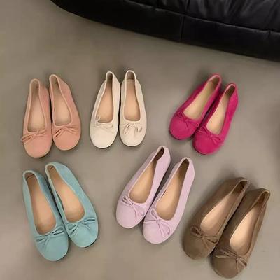 French Suede Bow Ballet Shoes Women's 2024 Spring New Gentle One-pedal Soft-faced Flat-soled Single Shoes Tide