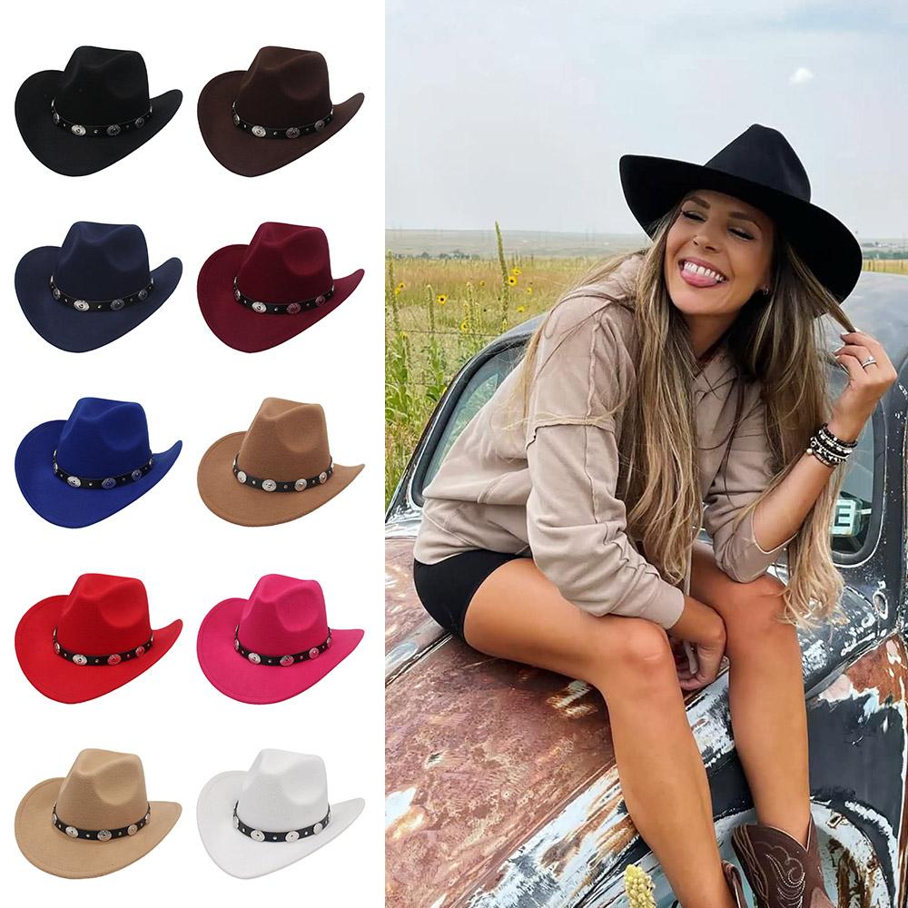 Retro Upturned Brim Western Cowboy Hats Wide Brim Ethnic Style Fedora with Faux Silver Accents Felt Hat for Women & Men