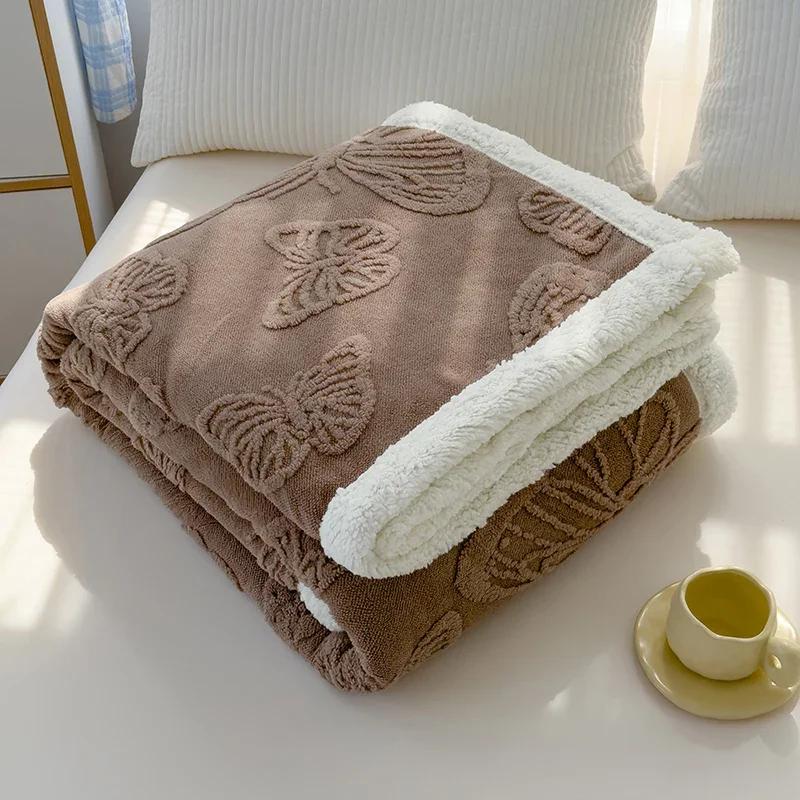 JSoft Warm Coral Fleece Blanket Pink Butterfly Jacquard Winter Thermal Sofa Throw Thick Bed Blanket Nap Knee Small Quilts