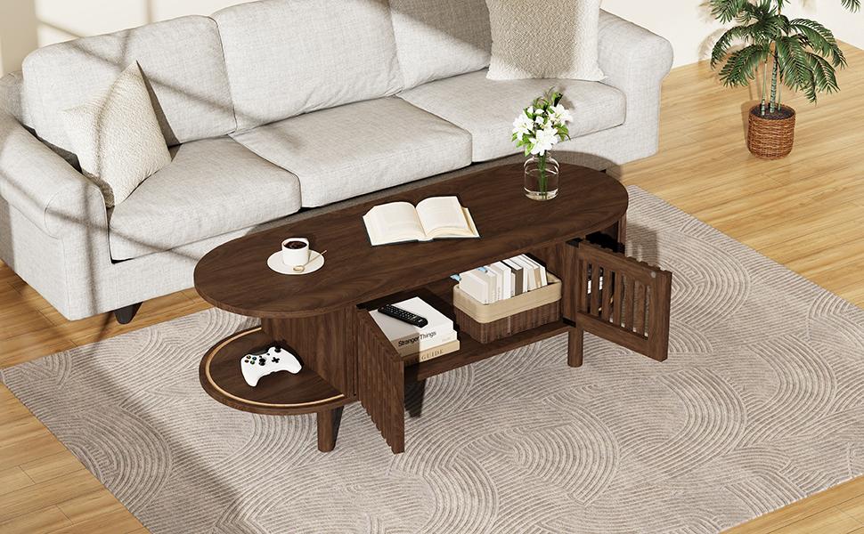 Coffee Table 100×40×38cm, MDF, Oval Living Room Table, 2 Slatted Doors & Roller Door, Solid Wood Legs, Up To 30kg Load Capacity, Walnut Wood Color