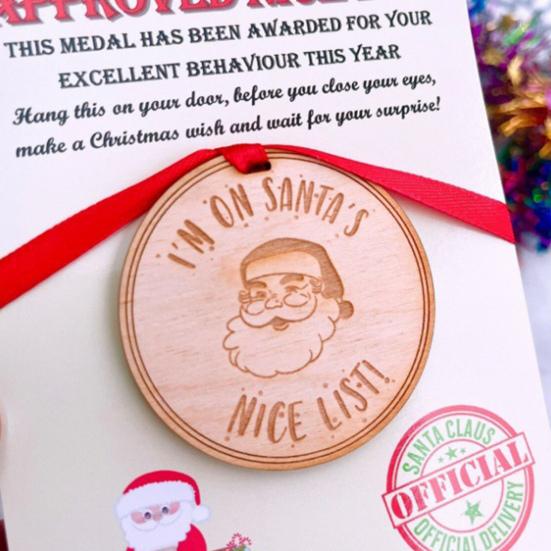 1/2/3Pcs Santa's Nice List Medal I'M ON SANTA'S NICE LIST Wooden Medal with Red