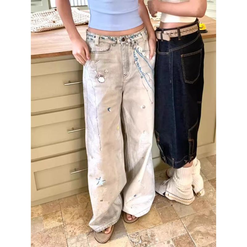 JYL Women's Cropped Jeans American Vintage Summer High-Waist Straight Denim