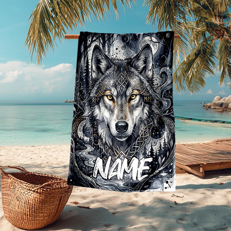 Custom Name Ultra-Soft Beach Towel with Wolf Theme,Ideal for Pool - Camping, Diving - Perfect Travel Essential, Vibrant Beach Towel.