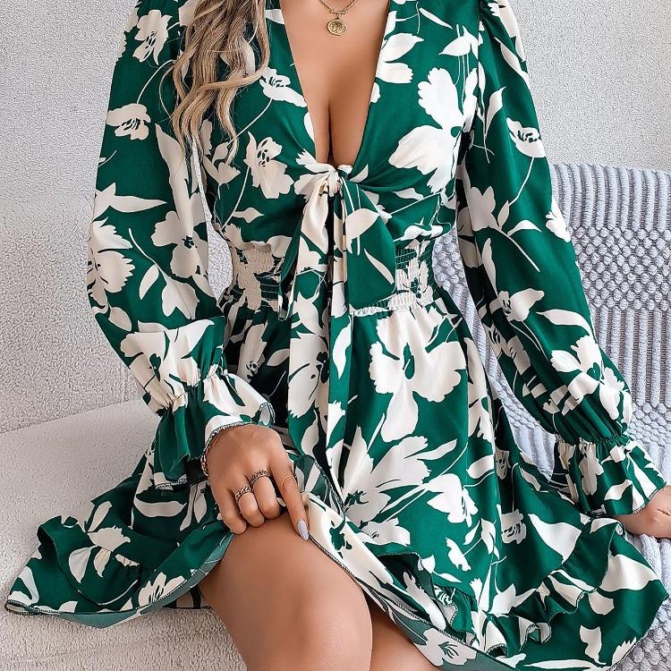 Autumn Winter Women Lace Up Print High Waist Long Sleeve Pleated Dress Elegant Fashion