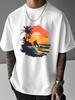 Unisex Summer White Short Sleeve Tee Sunset Surfer Palm Tree Sea Wave Bird Graphic Crew Neck Loose Casual Male Street Tops