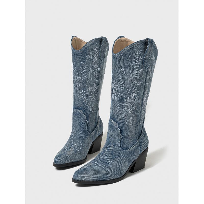 Embroidered Mid-calf Boots Women Pointed Toe Western Cowboy Shoes Fashion Block Heels Booties Plus Size 35-43 Ladies Footwear