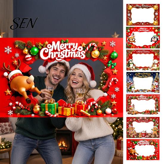 Festive Seasonal Event Banner Christmas Cartoon Photo Booth Frame Banner, Xmas Selfie with Elk Theme Props Penguin Bear, Holiday Party Handheld Prop,