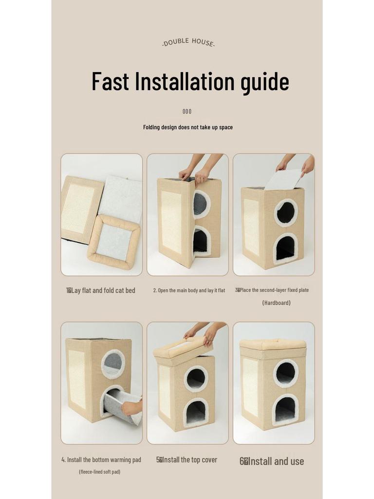 Large Foldable Cat House: Wear-Resistant, Double-Layered Pet Nest with Scratch Board, Suitable for All Seasons