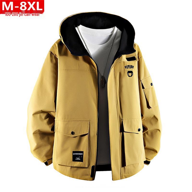 

Мужская весенне-осенняя куртка с капюшоном в гонконгском стиле с 3D накладными карманами - Повседневная верхняя одежда свободного кроя больших размеров 165 (L): up to 115 jin