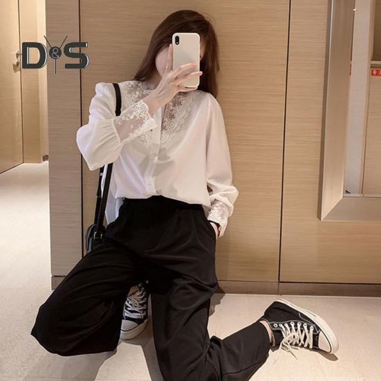Women Shirt Lace Patchwork Stand Collar Flower Embroidery Single Breasted Long Sleeve Solid Color OL Commute Style Soft Lady Spring Fall Top Blouse