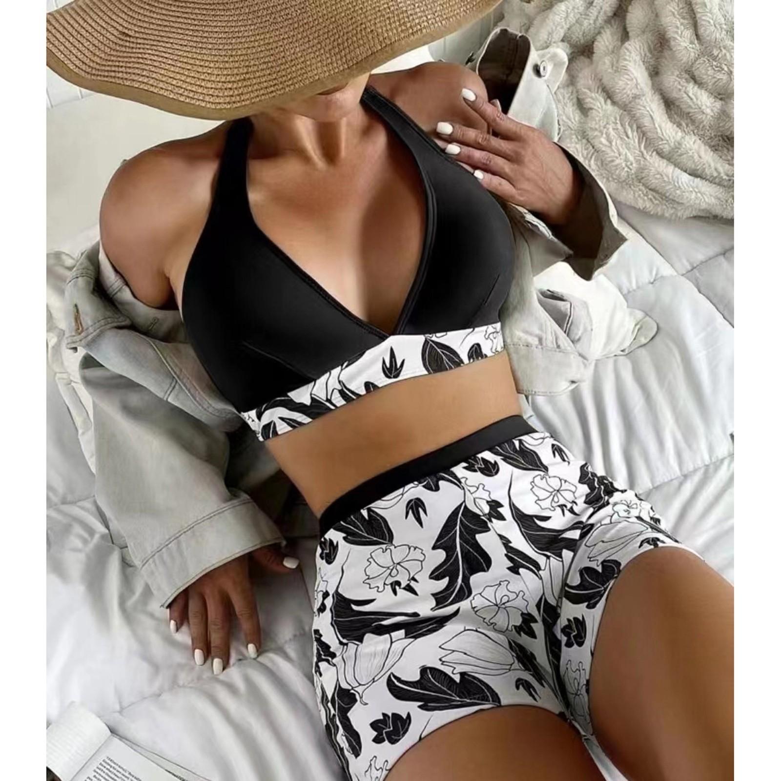 

Женский купальник со вставками и принтом, женский сплит-боксер, купальник с высокой талией, комплект из двух предметов L чёрный