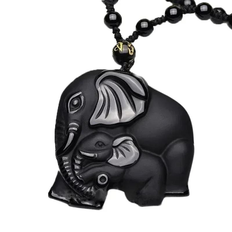 Obsidian Gossip Pendant Necklace Carving Dragon and Phoenix Shape Lucky Amulet Jewelry Six-Character Mantra Pearl Jewelry