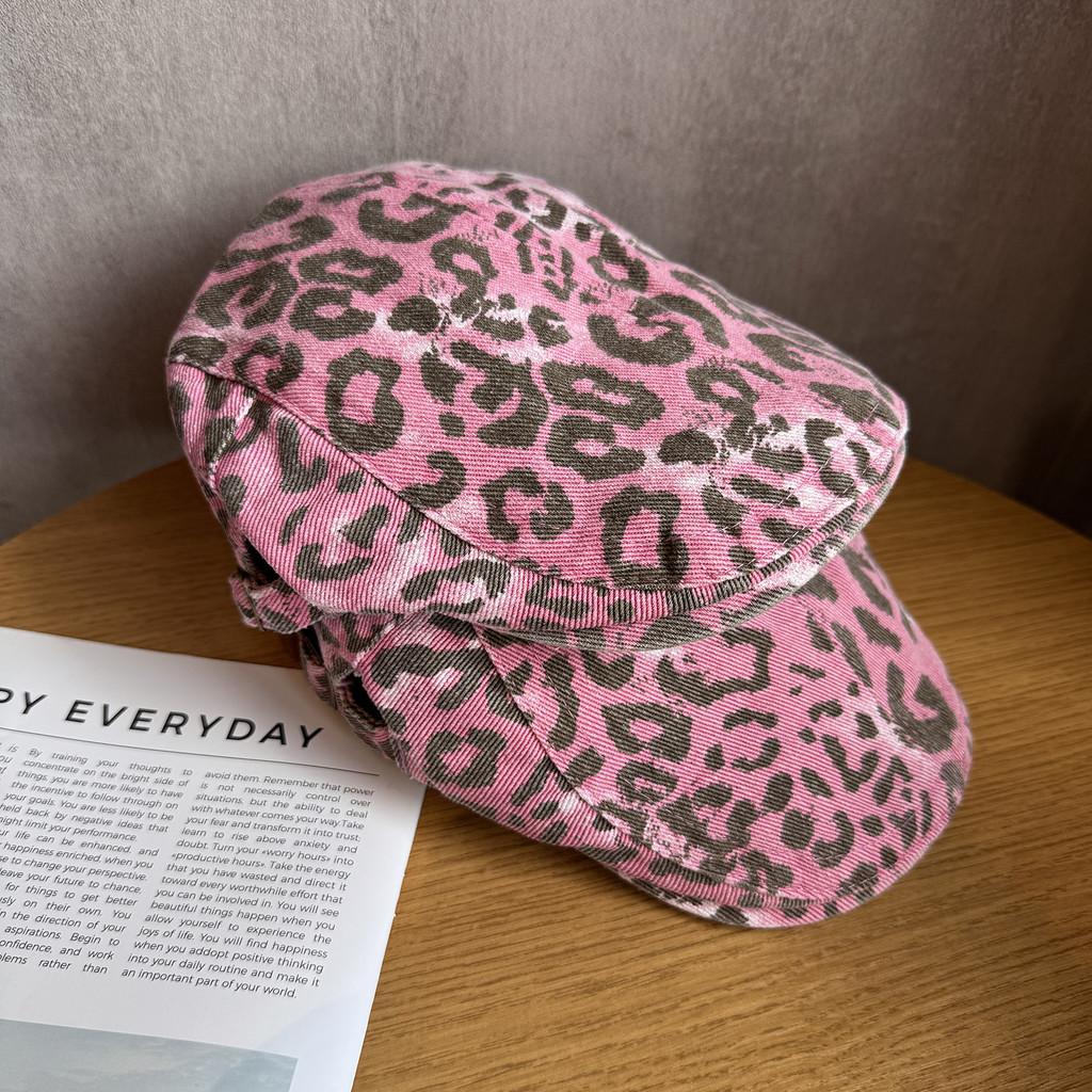 Pink Leopard Retro Print Hat With Wide Brim Breathability Beret For Casual Wear