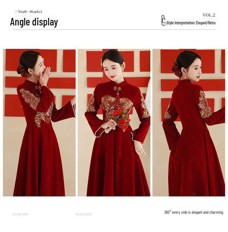 Red Wine Long-Sleeve Qipao Dress: Perfect for Weddings, Homecoming, or Engagements - A Casual Yet Elegant Chinese Autumn Bridal Gown.