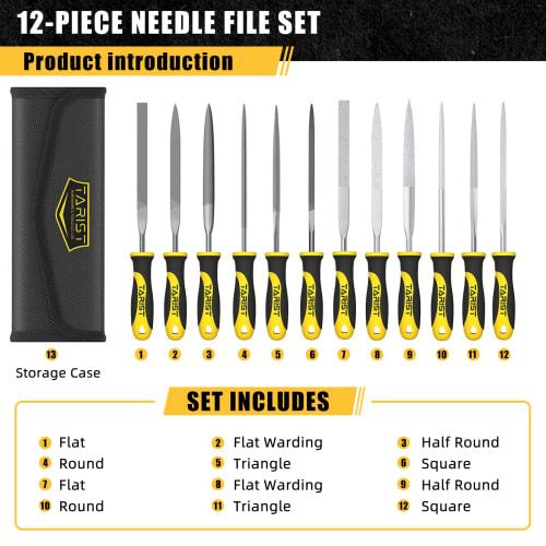 TARIST 12-Piece File Set with Storage Bag, Includes Metalworking Files and Diamond Files, Flat, Round, Half-Round, Triangular, Square, and Spear-Shape