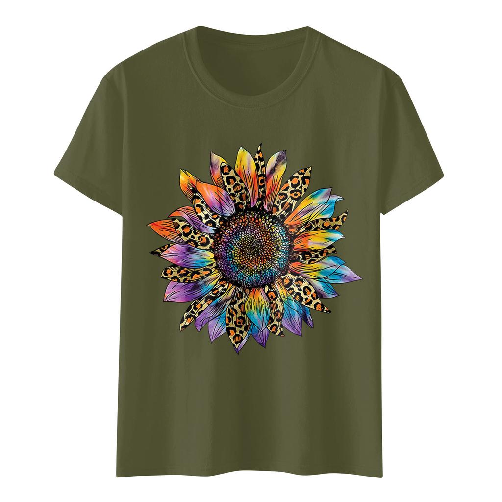 Sunflower Ladies Cute Print Short Sleeve Round Neck Front Shoulder Vintage Short Sleeve Summer Loose Shirt Top