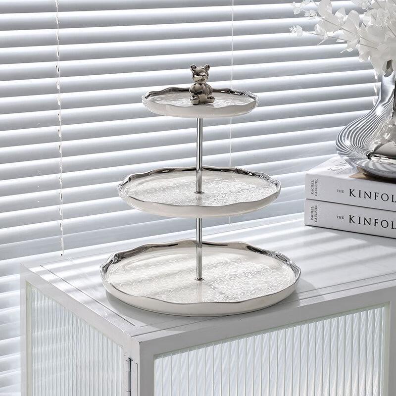 Qianxing 3-Tier Ceramic Dessert Cake Stand, Silver Edge White