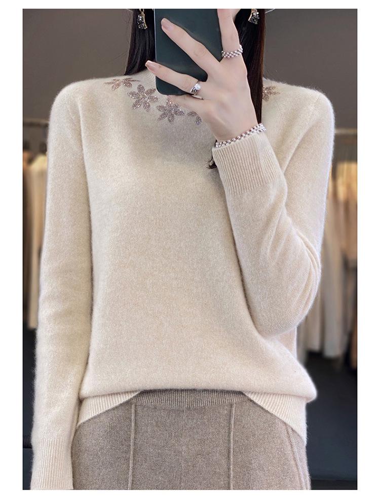 Autumn/Winter Rhinestone Embellished Knit Pullover - Women's Semi-High Neck Long Sleeve Top
