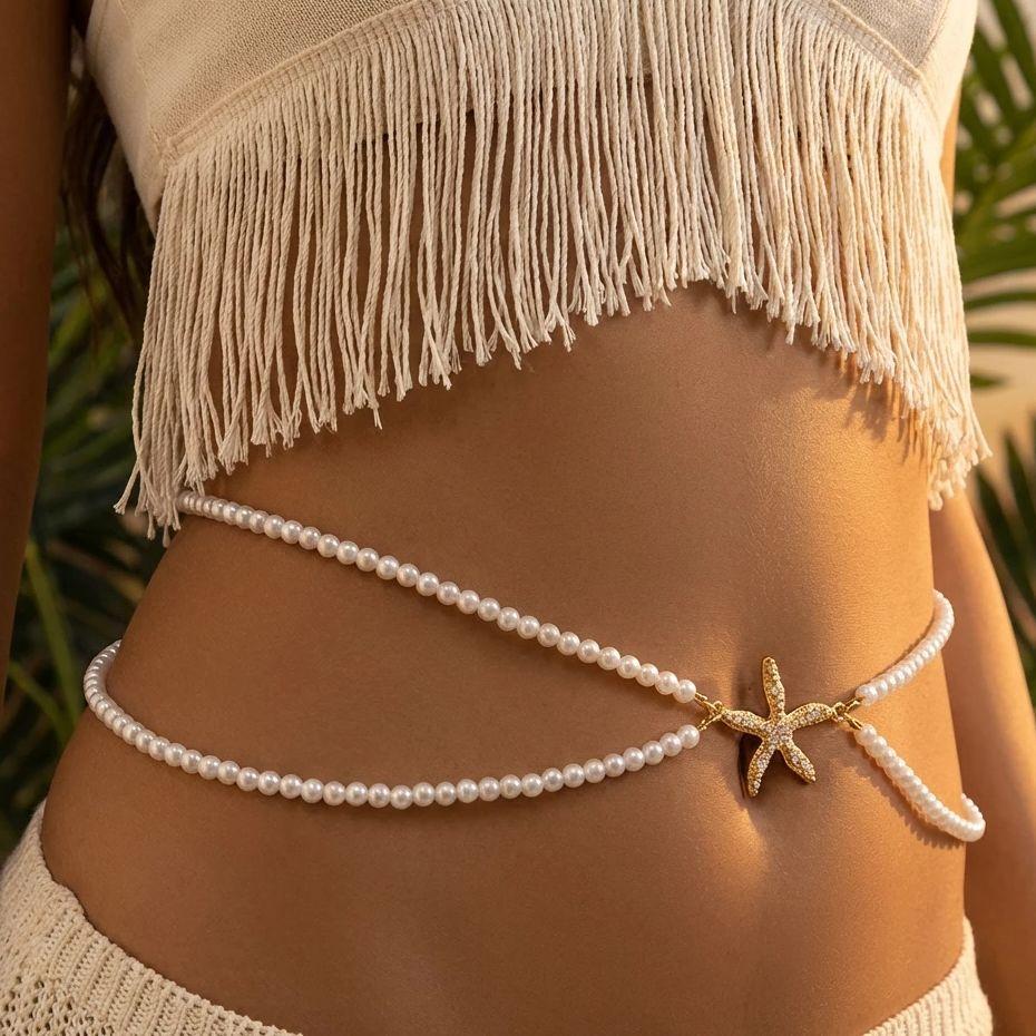 Boho Sexy Fashion Layered Starfish Waist Belly Chain for Women Elegant Imitation Pearls Belly Chain Summer Beach Bikini Jewelry