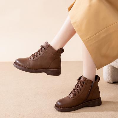 Mode GKTINOO Damen Schneestiefel 2024 Winter Retro Echtes Leder Mama-Stiefel Rutschfest Weiche Sohle Niedriger Absatz Warme Stiefeletten