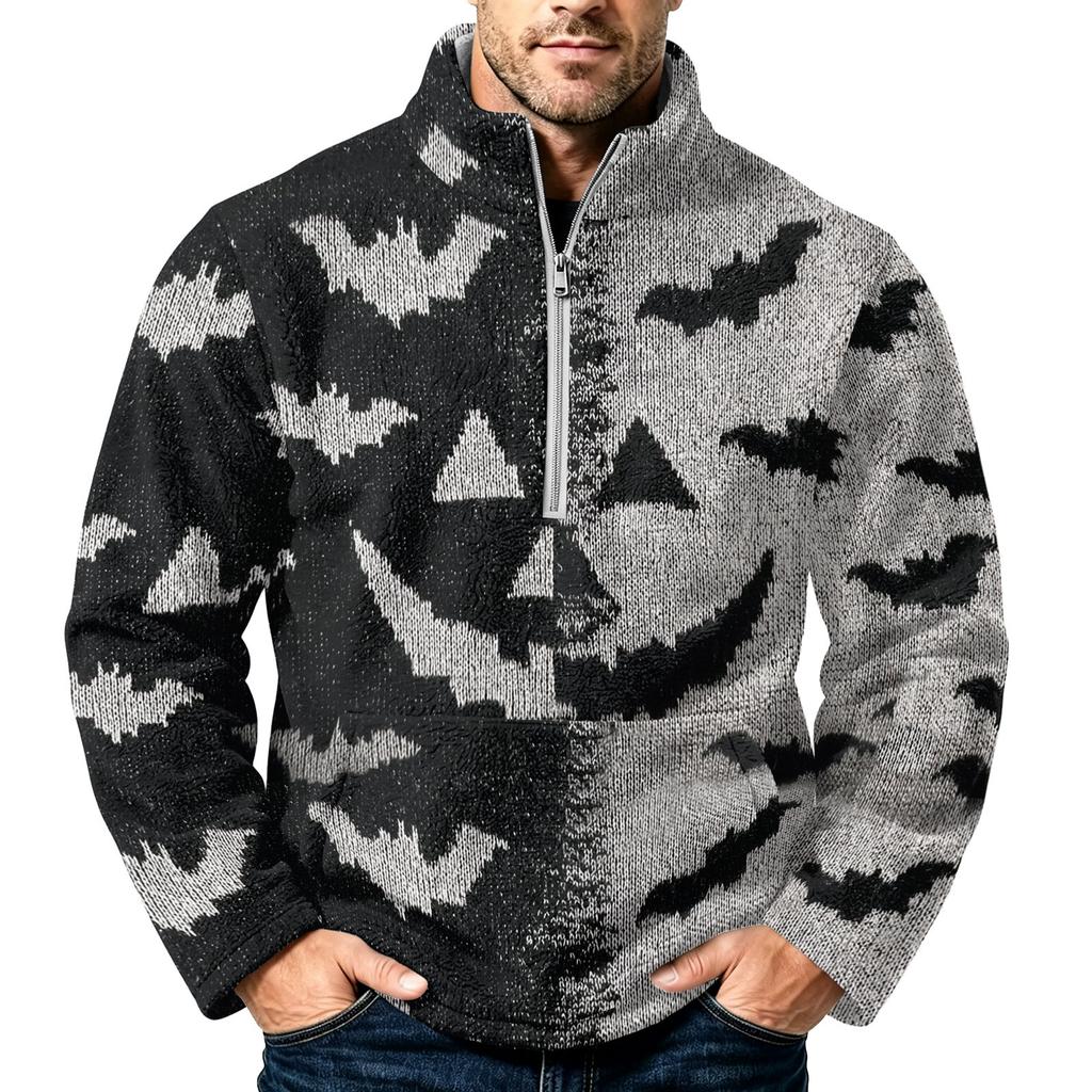 Men's Halloween Print Flannel Zip-Up Sweatshirt with Stand Collar, Plus Size Fall Winter Casual Top