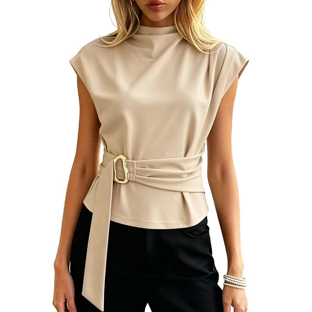 Sleeveless High Neck Blouse with Metal Buckle Waist Belt Adjustable Fit Office Shirt Top for Women