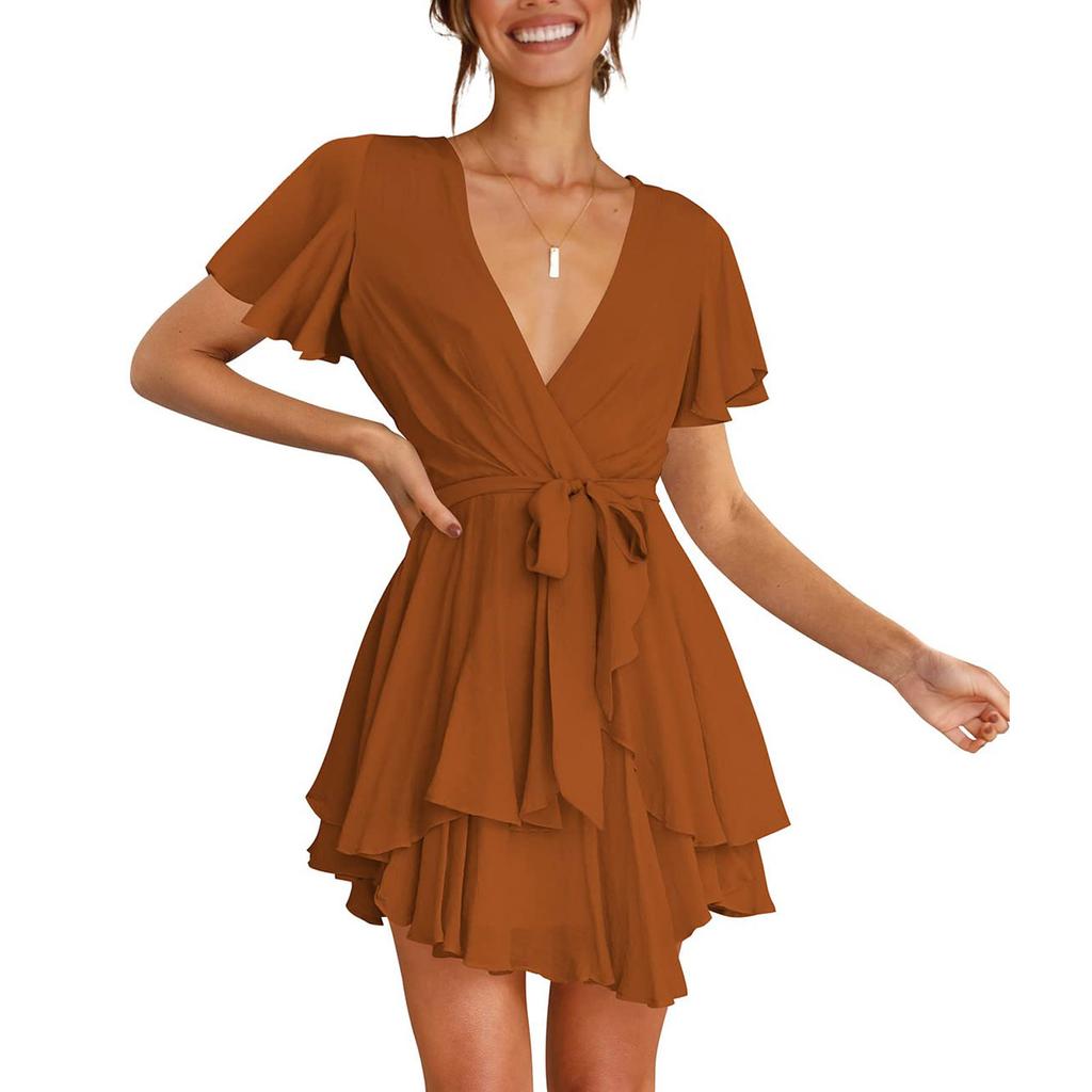 Women's Fashion Casual Color Short Sleeve V-Neck Loose Waist Ruffle Dress