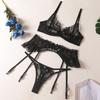 Black Bow Embroidered Sexy Lingerie 3Pcs Sets Woman Mesh See Through Bra Brief Garters Underwear Sets Sensual Tempt Onlyfans Kit