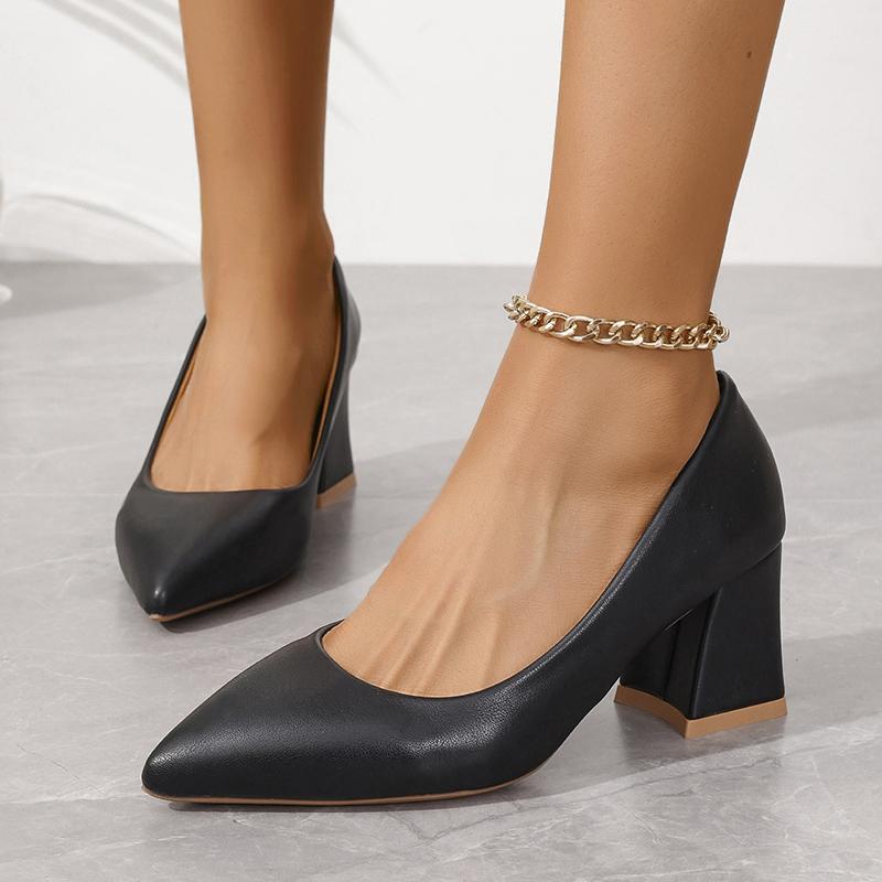 Fashion Fashion Office Formal Dress Shoes Plus Size Elegant Pointed Toe Solid Black Pu Pumps Women 2025 White Square Medium Heel Pumps
