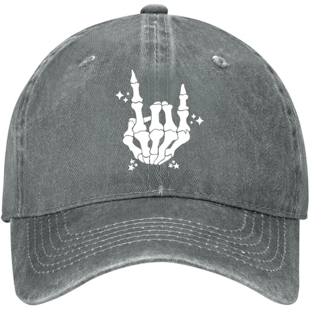 Skeleton Rock Hand Sign Baseball Cap Punk Cotton Washed Adjustable Hat for Men Women Outdoor