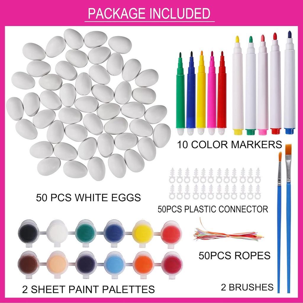 Max Fun 50 Pcs White Blank Easter Eggs Ornaments Bulk Decoration for Craft Hanging Plastic Artificial Eggs with Rope DIY Painting Decorating Basket
