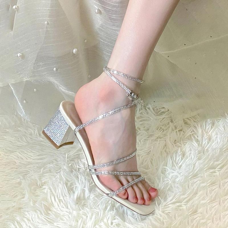 2025 sommer kveldsbris fe ettords spennestropp tykk hæl sandaler dame fransk rhinestone slange stropp høy hæl