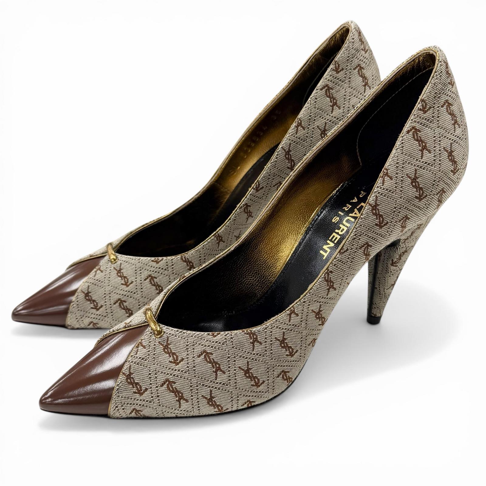 Отличные туфли-лодочки SAINT LAURENT PARIS Коричневая ткань Женские 35 639634 Б/у