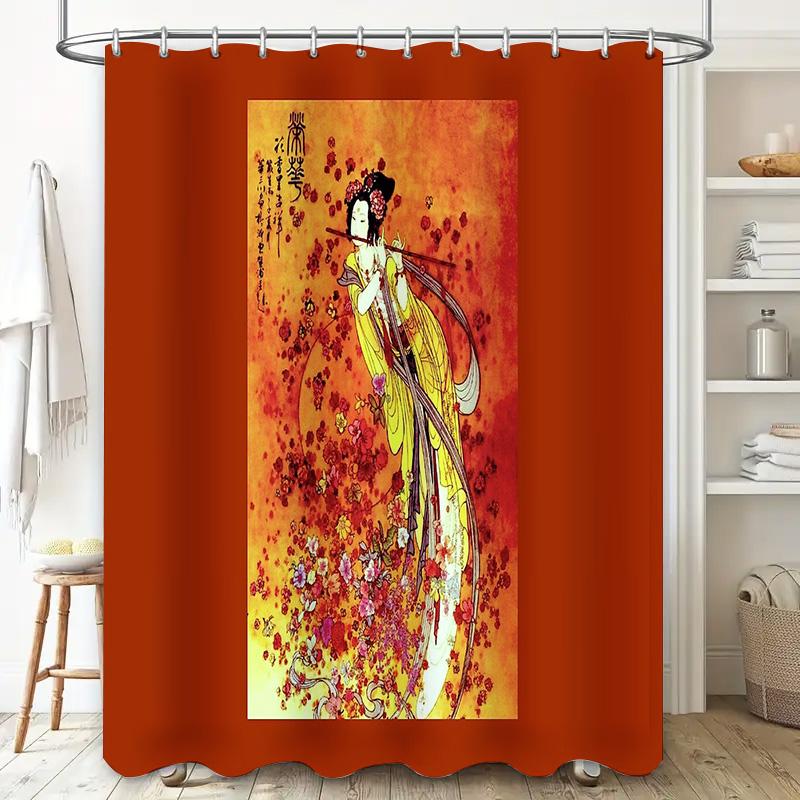 Japanese Geisha Bath Curtain Vintage Kimono Shower Curtain Traditional Floral Art Decor Japanese Style Bathroom Decor