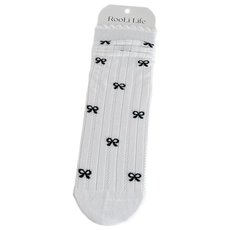 White Socks Pure Cotton Stacking Socks Lace Bow Cute Girl Spring And Autumn Thin Cotton Medium Tube Socks Women