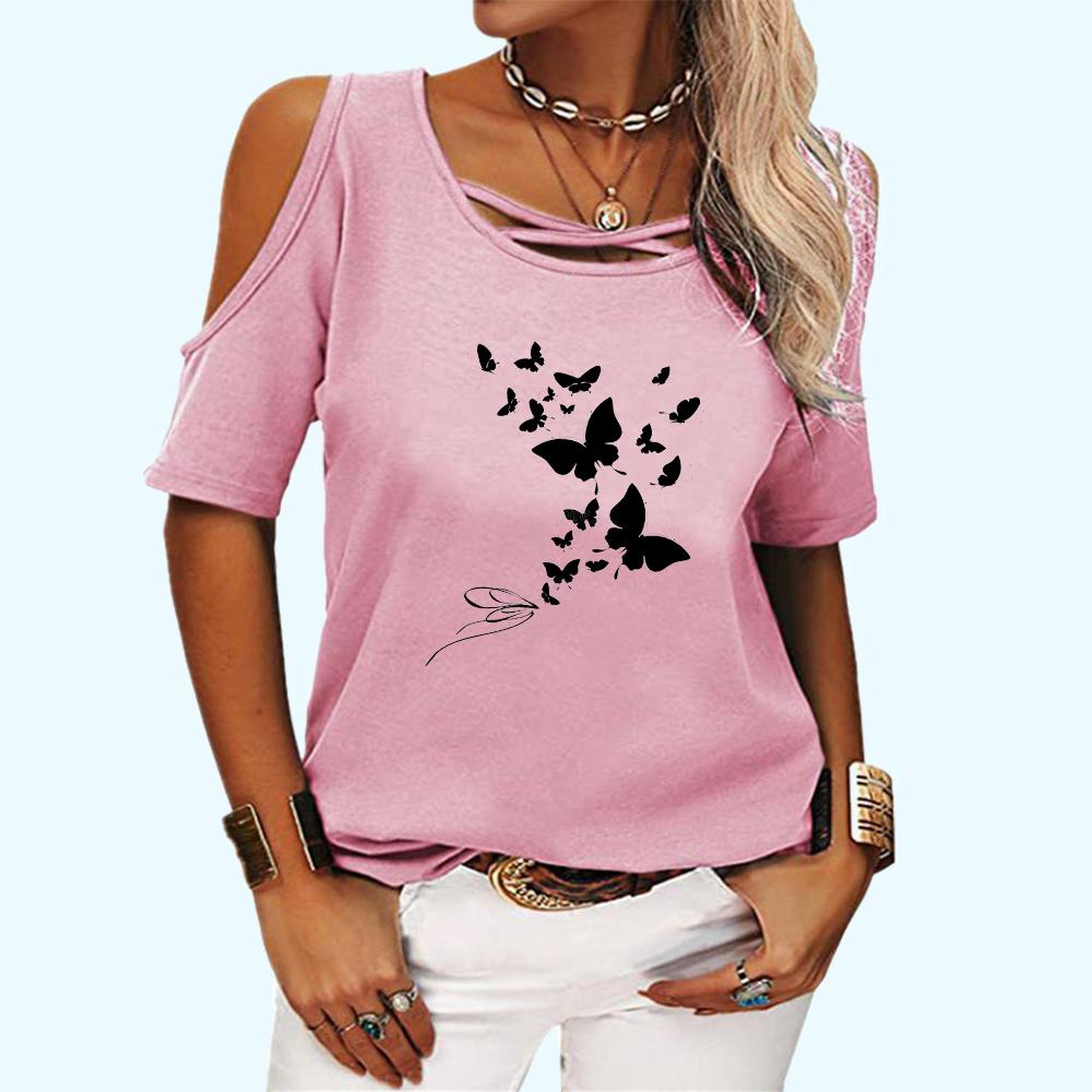Women Fashion Off Shoulder Top Casual O Neck Summer Tee Shirt Butterfly Print Short Sleeve T-shirt
